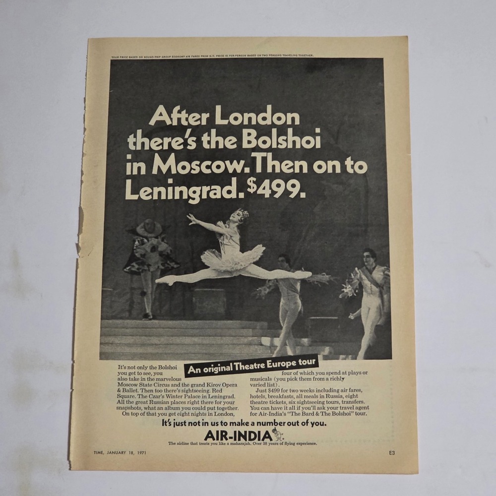 Vintage 1971 Air India Print Ad Ballerina Bolshoi Moscow Travel 8.25x11 Original